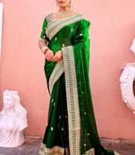 Indian bottle green zari jaal embroidery heavy border fancy satin saree with unstitched blouse