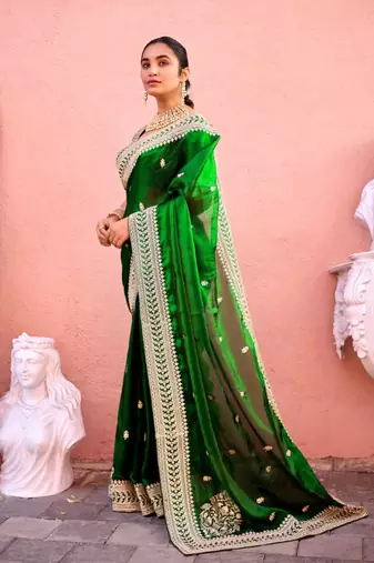 Indian bottle green zari jaal embroidery heavy border fancy satin saree with unstitched blouse