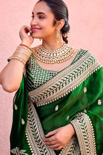 Indian bottle green zari jaal embroidery heavy border fancy satin saree with unstitched blouse