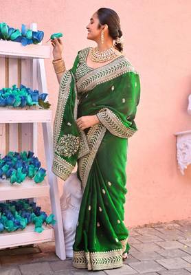 Indian bottle green zari jaal embroidery heavy border fancy satin saree with unstitched blouse 5