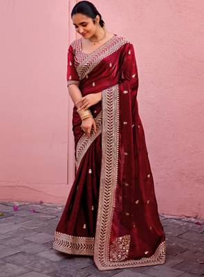 Elegance maroon zari jaal embroidery heavy border fancy satin saree with unstitched blouse 1