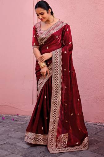 Elegance maroon zari jaal embroidery heavy border fancy satin saree with unstitched blouse