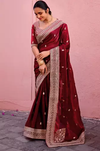 Elegance maroon zari jaal embroidery heavy border fancy satin saree with unstitched blouse