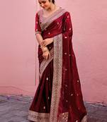 Elegance maroon zari jaal embroidery heavy border fancy satin saree with unstitched blouse