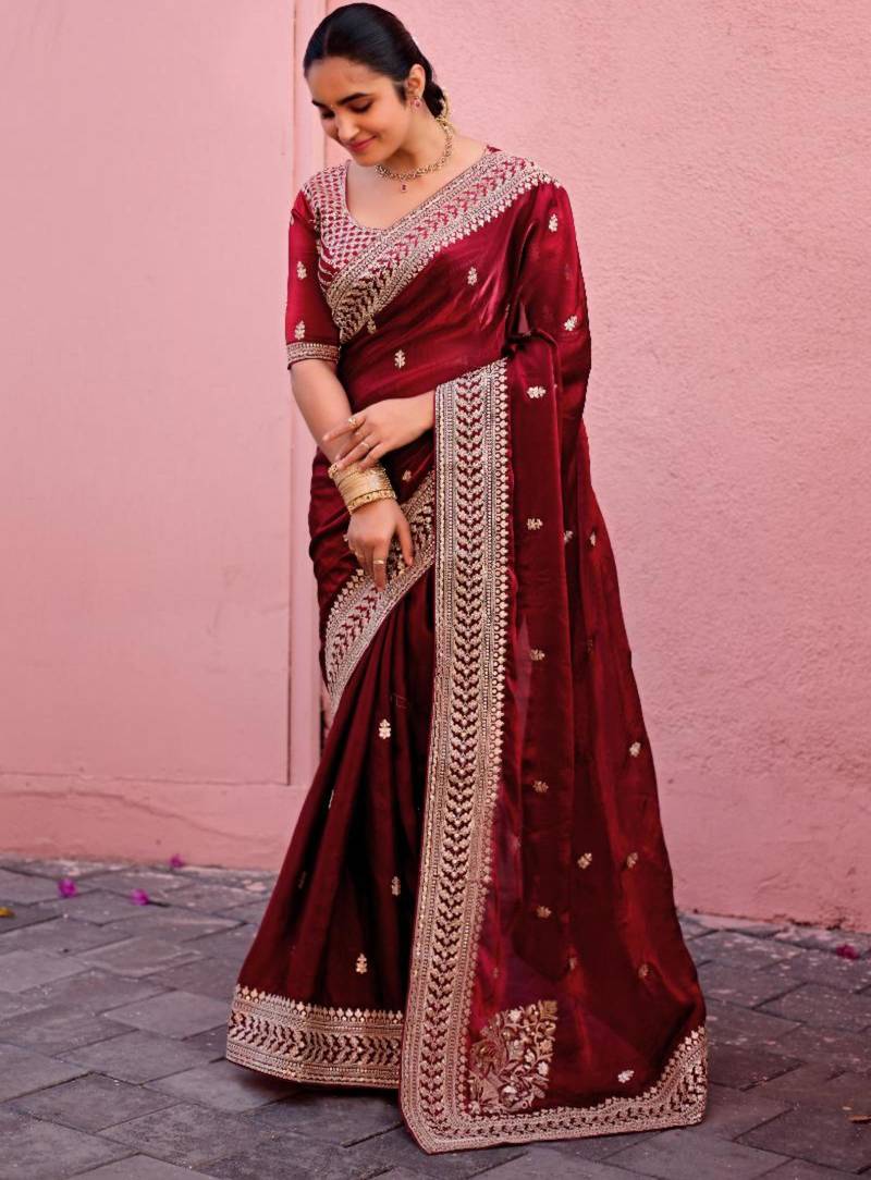 Elegance maroon zari jaal embroidery heavy border fancy satin saree with unstitched blouse