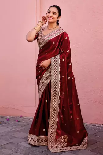 Elegance maroon zari jaal embroidery heavy border fancy satin saree with unstitched blouse