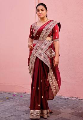 Elegance maroon zari jaal embroidery heavy border fancy satin saree with unstitched blouse 3