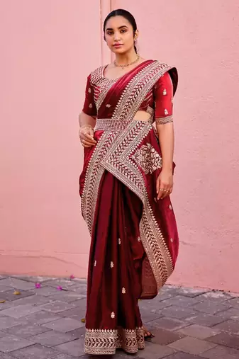 Elegance maroon zari jaal embroidery heavy border fancy satin saree with unstitched blouse