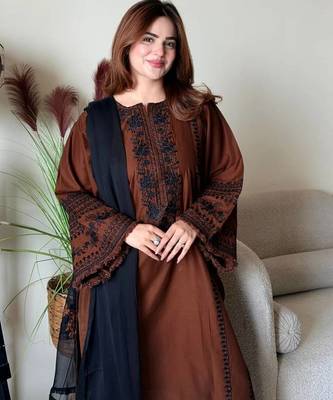 Brown Color Embroidery Thread Work Silk Blend Salwar Suit 1