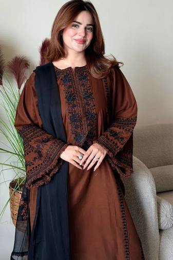 Brown Color Embroidery Thread Work Silk Blend Salwar Suit