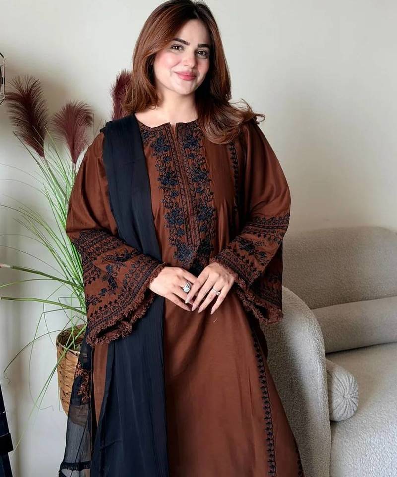Brown Color Embroidery Thread Work Silk Blend Salwar Suit