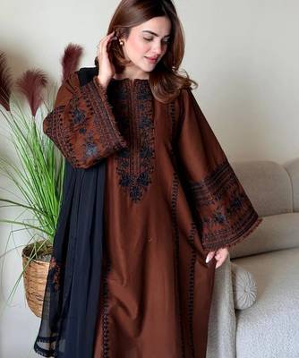 Brown Color Embroidery Thread Work Silk Blend Salwar Suit 2
