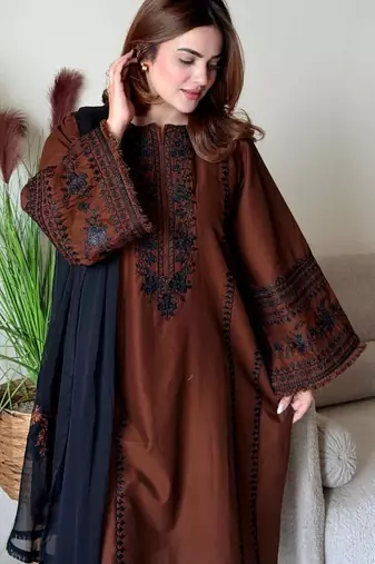Brown Color Embroidery Thread Work Silk Blend Salwar Suit