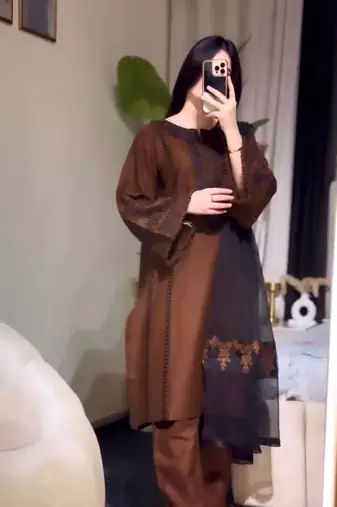 Brown Color Embroidery Thread Work Silk Blend Salwar Suit