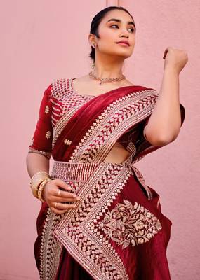 Elegance maroon zari jaal embroidery heavy border fancy satin saree with unstitched blouse 4