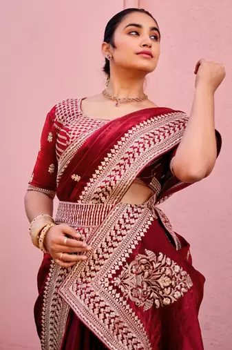 Elegance maroon zari jaal embroidery heavy border fancy satin saree with unstitched blouse