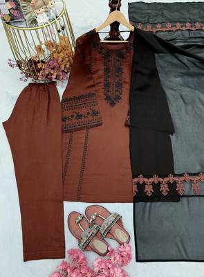 Brown Color Embroidery Thread Work Silk Blend Salwar Suit 4