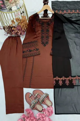 Brown Color Embroidery Thread Work Silk Blend Salwar Suit