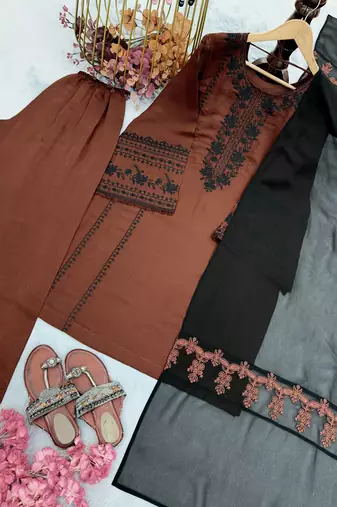 Brown Color Embroidery Thread Work Silk Blend Salwar Suit