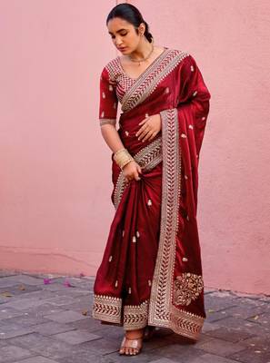 Elegance maroon zari jaal embroidery heavy border fancy satin saree with unstitched blouse 5