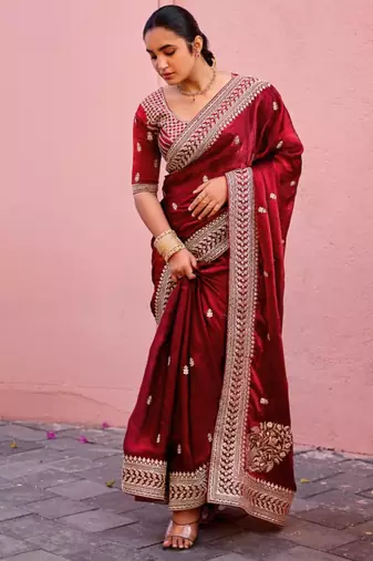 Elegance maroon zari jaal embroidery heavy border fancy satin saree with unstitched blouse