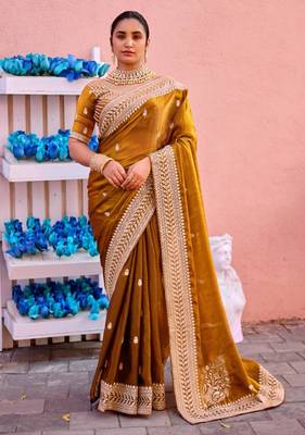 New collection dark mustard zari jaal embroidery heavy border fancy satin saree with unstitched blouse 1