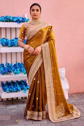 New collection dark mustard zari jaal embroidery heavy border fancy satin saree with unstitched blouse