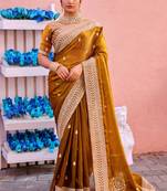 New collection dark mustard zari jaal embroidery heavy border fancy satin saree with unstitched blouse