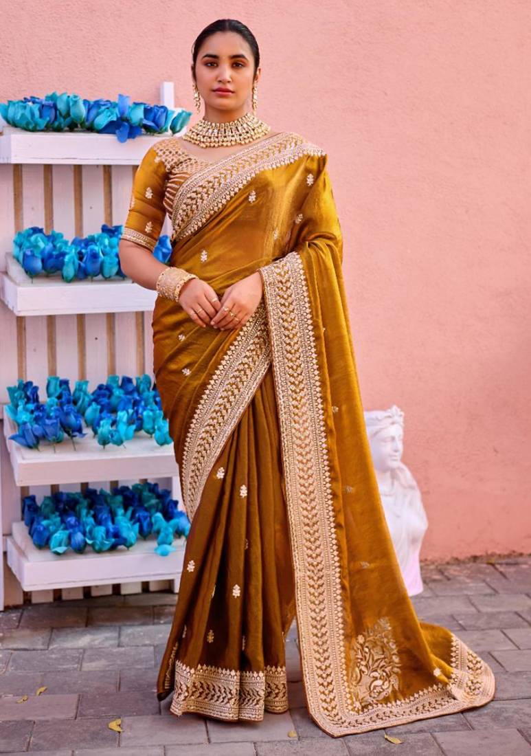 New collection dark mustard zari jaal embroidery heavy border fancy satin saree with unstitched blouse