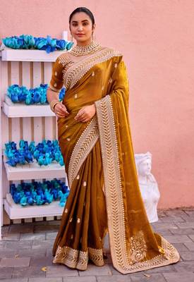 New collection dark mustard zari jaal embroidery heavy border fancy satin saree with unstitched blouse 2