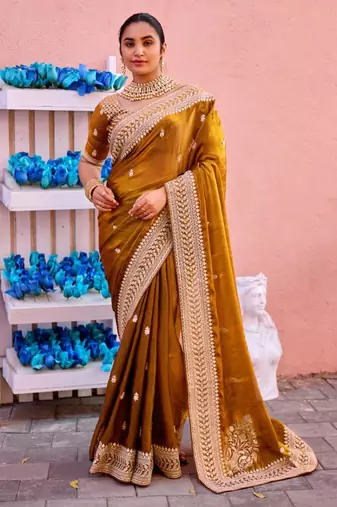 New collection dark mustard zari jaal embroidery heavy border fancy satin saree with unstitched blouse