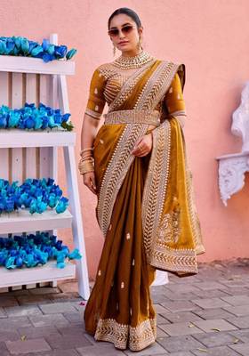 New collection dark mustard zari jaal embroidery heavy border fancy satin saree with unstitched blouse 3