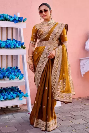 New collection dark mustard zari jaal embroidery heavy border fancy satin saree with unstitched blouse