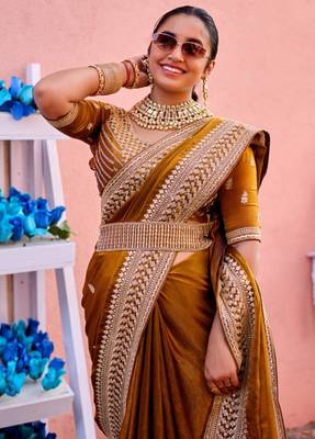 New collection dark mustard zari jaal embroidery heavy border fancy satin saree with unstitched blouse 4