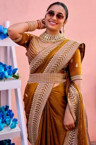 New collection dark mustard zari jaal embroidery heavy border fancy satin saree with unstitched blouse