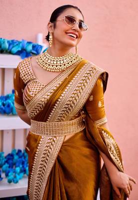 New collection dark mustard zari jaal embroidery heavy border fancy satin saree with unstitched blouse 5