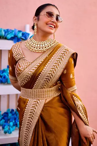 New collection dark mustard zari jaal embroidery heavy border fancy satin saree with unstitched blouse