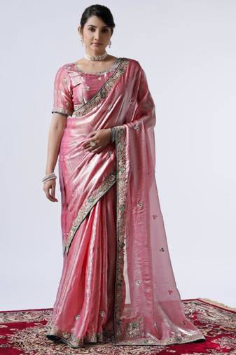 Latest pink embroiderd border satin saree with unstitched blouse