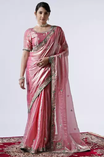 Latest pink embroiderd border satin saree with unstitched blouse