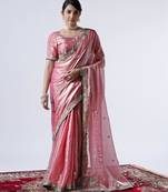 Latest pink embroiderd border satin saree with unstitched blouse