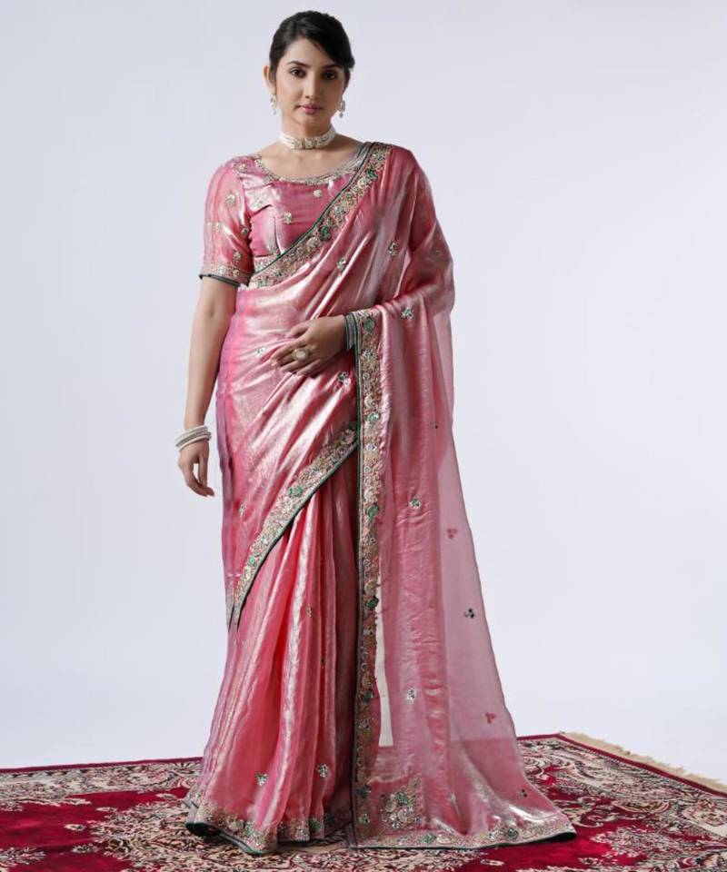 Latest pink embroiderd border satin saree with unstitched blouse