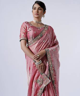 Latest pink embroiderd border satin saree with unstitched blouse 2