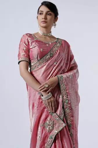 Latest pink embroiderd border satin saree with unstitched blouse