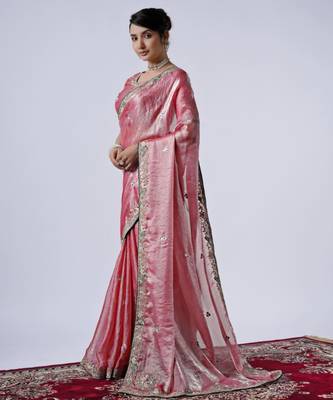 Latest pink embroiderd border satin saree with unstitched blouse 3
