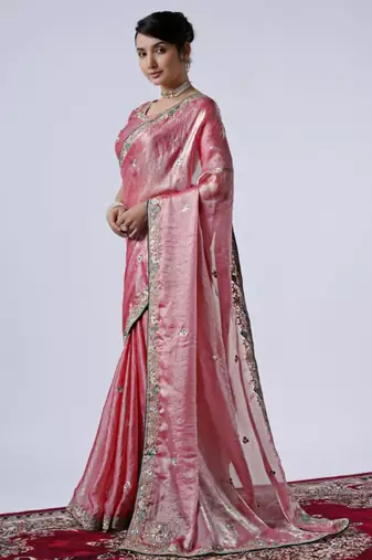 Latest pink embroiderd border satin saree with unstitched blouse