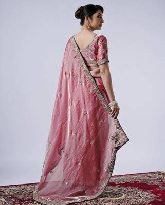 Latest pink embroiderd border satin saree with unstitched blouse 4