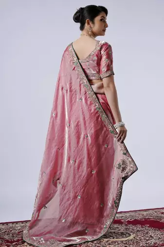 Latest pink embroiderd border satin saree with unstitched blouse