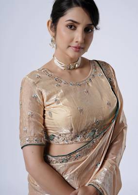 Celebrity inspired cream embroiderd border satin saree with unstitched blouse 4