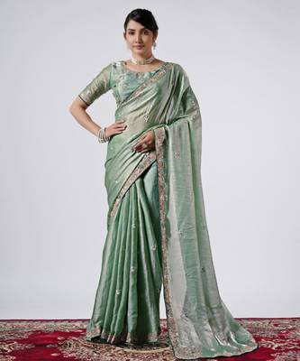 Bollywood green emboriderd border satin saree with unstitched blouse 1