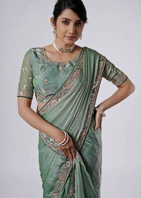 Bollywood green emboriderd border satin saree with unstitched blouse 3